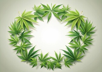 A delicate circular frame crafted from intricately arranged cannabis leaves provides a unique and natural copy space, ideal for hemp-themed designs and medical marijuana content.