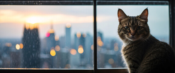 Portrait Fur Cat looking out of a window onto a cityscape in the rain domestic animals