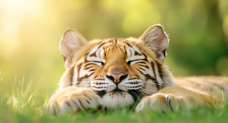 Tiger resting peacefully in a sunlit forest clearing