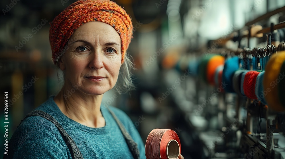 Aufkleber Portrait of experienced worker in textile factory holding thread spool and standing by industrial knitting machine : Generative AI