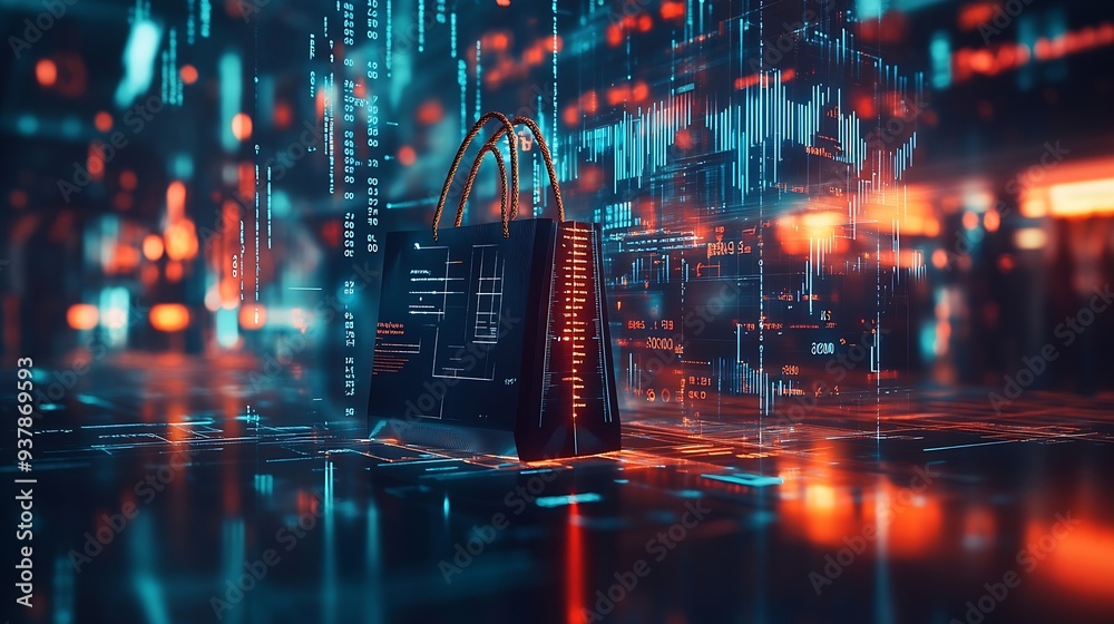 Aufkleber Image of financial data processing over shopping bag Global shopping business finance computing and data processing concept digitally generated image : Generative AI