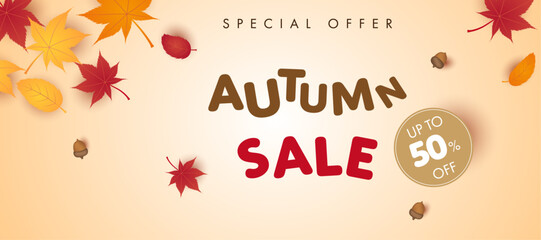 Autumn Sale Banner with falling leaves. Vector illustration
