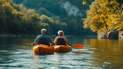 Lake rowing and kayak with old couple nature and retirement with happiness relax and vacation Outdoor river and mature man with senior woman freedom and trust with holiday and weekend : Generative AI