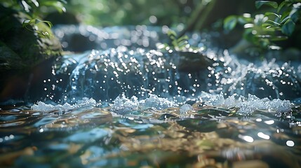 Fototapeta premium A serene stream with sparkling water and lush greenery, evoking tranquility and natural beauty.