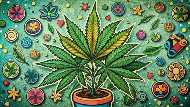 Retro 50s art weed drug background illustration featuring psychedelic cannabis plant stickers in vibrant green, groovy prints, and far-out stylized foliage on a funky textured surface.