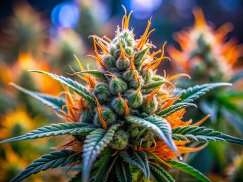 Macro shot of freshly grown cannabis buds with vibrant green calyxes and orange pistils, against a blurred, modern, AI-generated psychedelic abstract background.