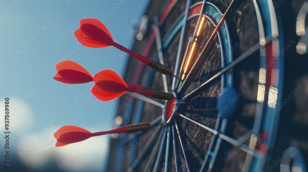 Poster a close-up shot of three red darts hitting the center of a target