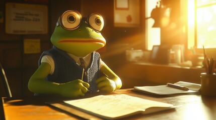 A Charming Cartoon Frog Engaged in Thoughtful Study
