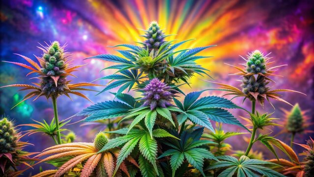 Vibrant cannabis plants with lush green leaves and delicate purple flowers bloom against a kaleidoscope of colors, creating a mesmerizing and psychedelic background.