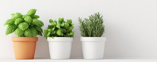 Fototapeta premium Organic herb garden, pots with fresh basil, mint, and rosemary, 3D illustration