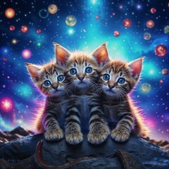 Alien conjoined tabby kittens triplet, Generative AI