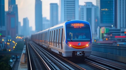 Fototapeta premium BTS Skytrain Electric train running on the way with business office buildings on the background : Generative AI