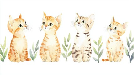 Fototapeta premium Set of Serengeti kittens, tall and slender, curious and alert, isolated, white background, Watercolor style