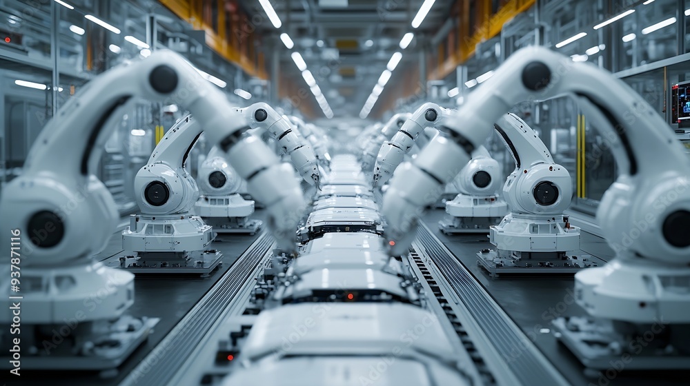 Aufkleber row of white robotic arms at modern factory lithiumion ev battery pack production at automated assem