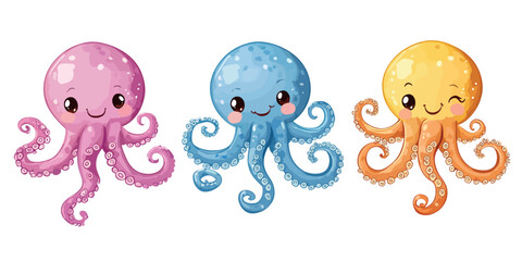 Vector three colorful cute cartoon octopuses  symbol icons illustration with smiling faces and sparkling