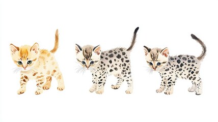 Fototapeta premium Set of Australian Mist kittens, spotted fur, exploring, isolated, white background, Watercolor style