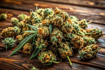 Obraz premium Freshly dried cannabis buds, meticulously arranged on a rustic wooden table, await consumption, emitting a pungent aroma and promising a euphoric experience.