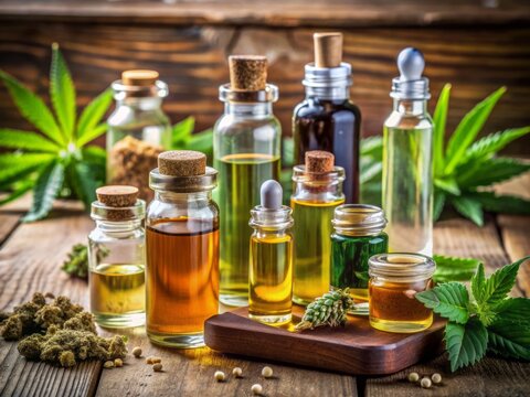 Assorted glass vials of cannabis oils with different concentrations and flavors, including THC, CBD, and hybrid blends, arranged on a wooden table or shelf.
