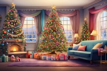 Fototapeta premium Beautiful decorating christmas tree in livingroom watercolor background.