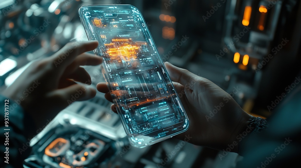 Poster Engineer uses a futuristic transparent smartphone to control robots in a smart factory Smart industry 40 concept : Generative AI