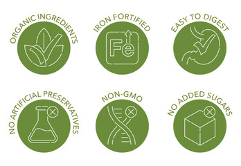 Baby food icons set with main features, thin line and circle shapes