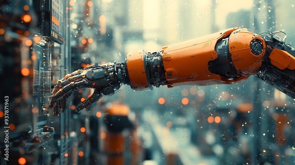 Poster MLB Mechanized industry robot arm and factory worker double exposure Concept of robotics technology for industrial revolution and automated manufacturing process : Generative AI