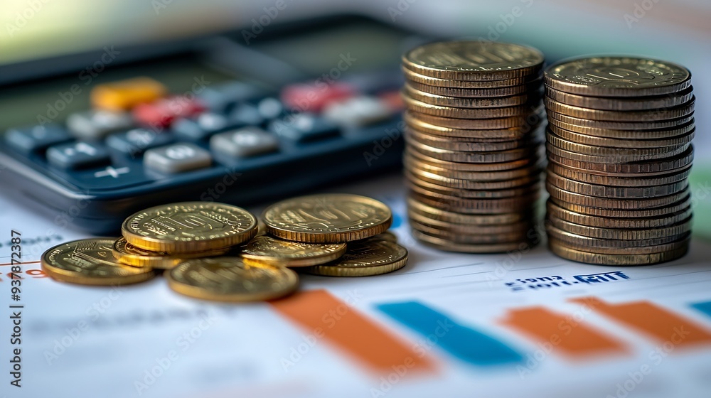 Poster business finance and investment currency exchange concept accountant using calculator with coins and