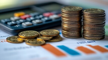 Business finance and investment currency exchange concept Accountant using calculator with coins and financial report economic graph growth finance background : Generative AI