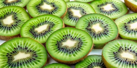 Vibrant green kiwi slices with tiny black seeds and tender white cores arranged artfully on a crisp white background, looking refreshingly appetizing and healthy.