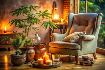 Relaxed atmosphere with a comfortable armchair, medicinal cannabis accessories, and a warm glow, conveying a sense of serene wellness and happy retirement.