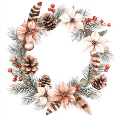 Fototapeta premium A wreath of flowers and pine cones with a gold and white color scheme