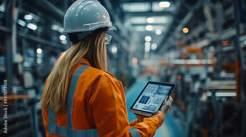 Aufkleber worker following factory production line uses screens with industry internet of things smart factory