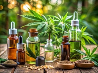 Macro shot of various medicinal plants, cannabis leaves, and CBD oil bottles on a laboratory table, representing the growth of biomedical cannabis medicine research.