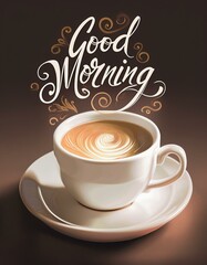 Obraz premium White cup or mug of coffee with text good morning. Vintage cafe drink or beverage poster, card decoration, breakfast, wake up, energy, retro calligraphy font lettering
