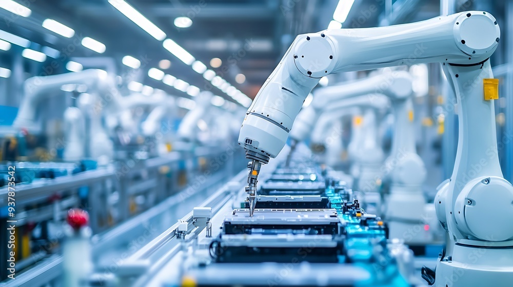 Aufkleber row of white robotic arms at automated production line at factory electric car manufacturing line in