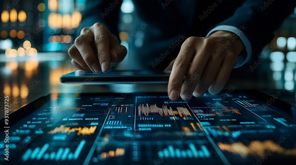 Aufkleber business finance and investment concept businessman using digital tablet analyzing and calculating f