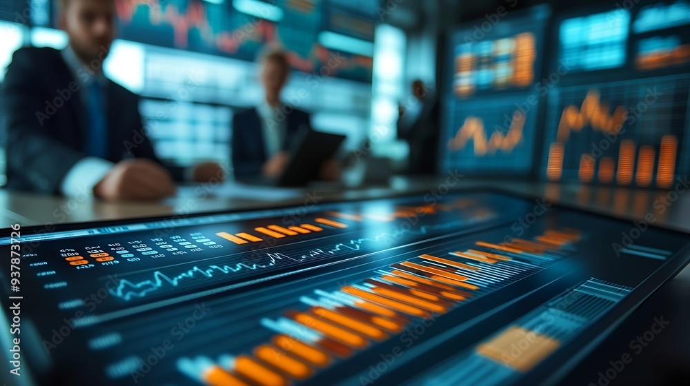 Aufkleber charts group and stock market for man presentation and pointing of stats for growth and sales boardr