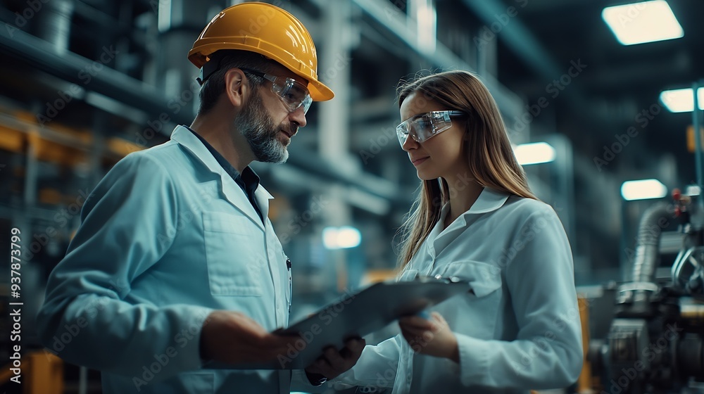 Poster handsome manager train female technician to work in automated production factory industrial engineer