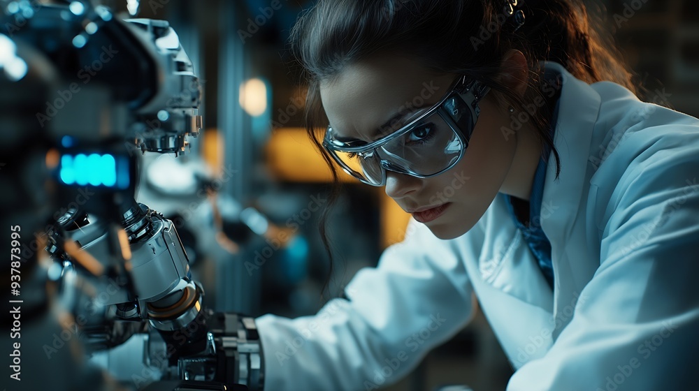 Poster industrial engineer working on robot maintenance in ai futuristic electronic technology factory fema