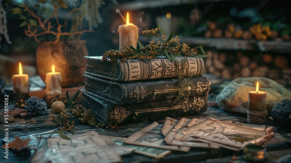 Poster A table set with books and candles for studying or reading