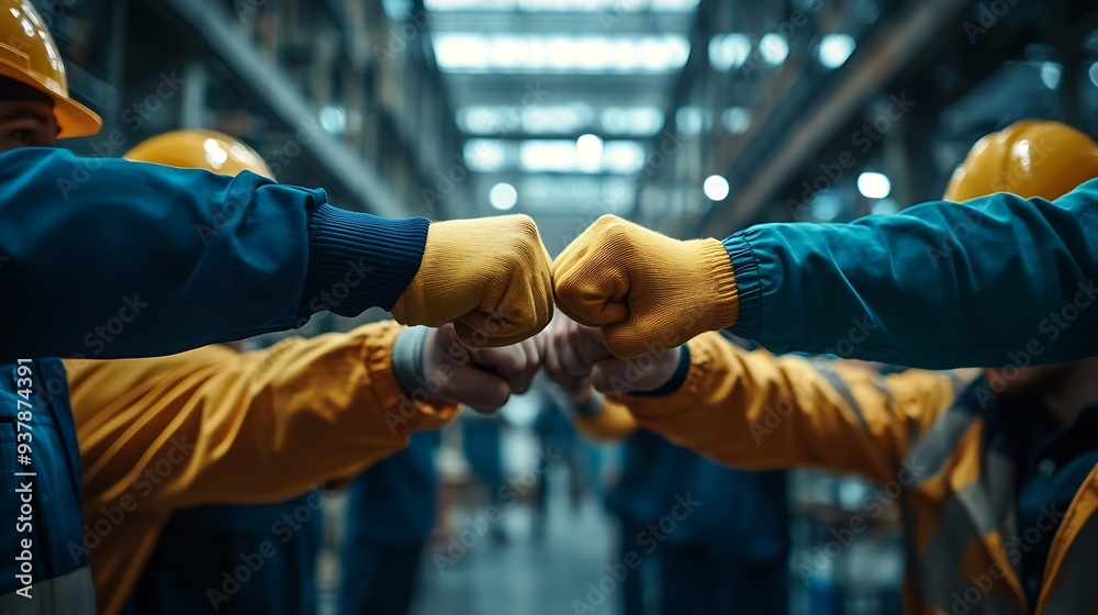 Leinwandbilder group of industrial factory workers bumping fists togethershowing gesture for teamwork or unity : ge