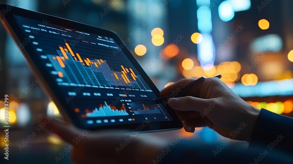 Poster business finance and investment data analysis businessman using tablet analyzing financial graph gro