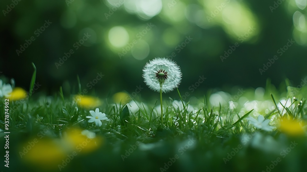 Poster White dandelion in a green grass on a forest meadow Macro image shallow depth of field Abstract summer nature background : Generative AI