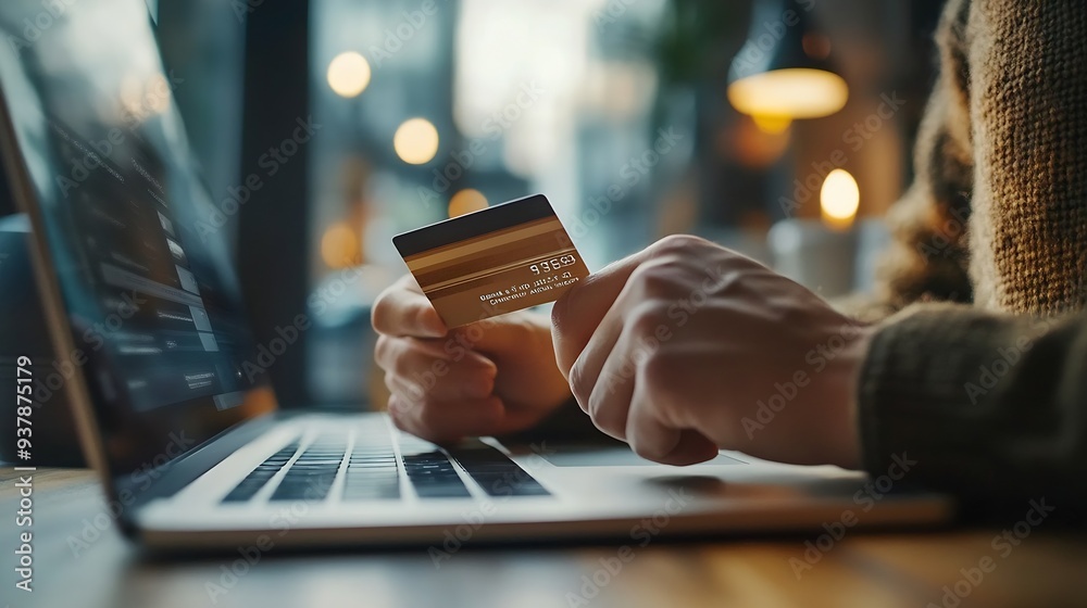 Poster a man is holding a credit card in front of a laptop concept of financial responsibility and the impo