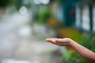 Technology, hand holding with environment Icons over the Network connection on green background.