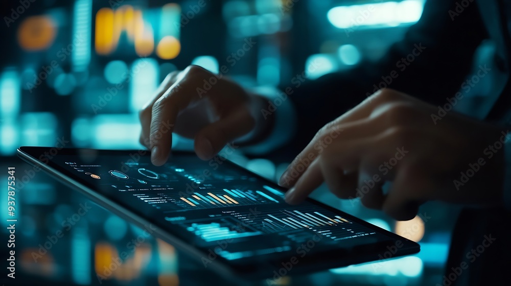 Poster Business 2025 analytics tools charts and graphs with statistics to analyze business potential and forecast future development of companies growth Businessman using a tablet : Generative AI