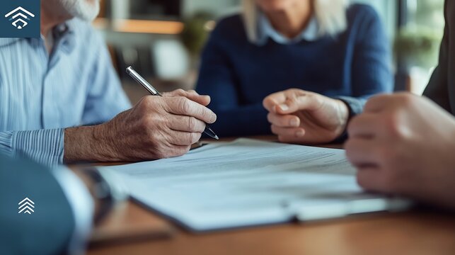 Senior couple talking and lawyer with documents for financial advice retirement plan and will at home Old man elderly woman and attorney with paperwork budget negotiation and legal agr : Generative AI