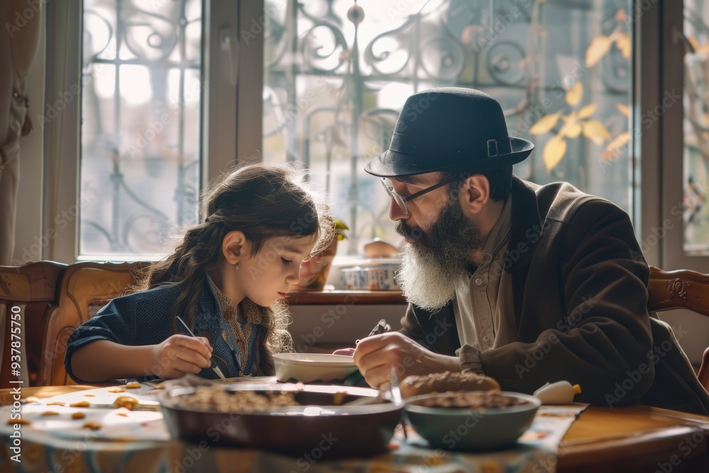 Poster A young boy and girl sit together at a table, enjoying their breakfast meal