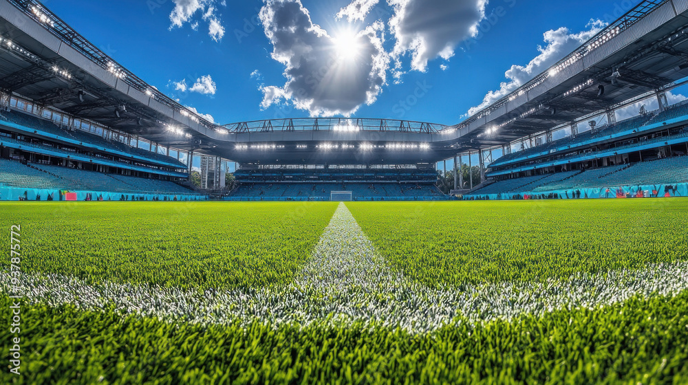 Wall mural empty soccer stadium on a sunny day with lush green grass