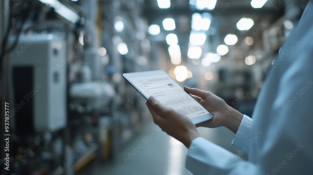 Poster Smart industry control conceptHands holding tablet on blurred automation machine as background : Generative AI